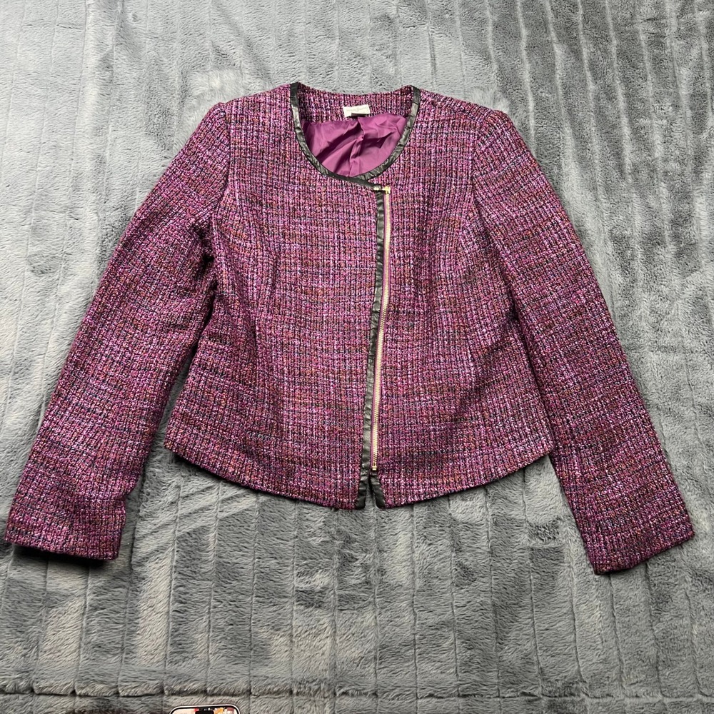 Jaclyn Smith Collection Purple Tweed Asymmetric Zip Jacket Faux Leather Trim S